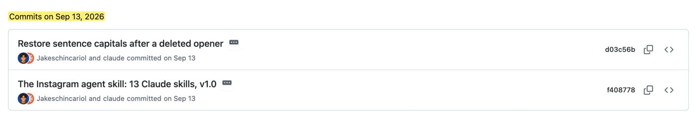 GitHub Commits 頁：兩個 commit 都在 2026 年 9 月 13 日