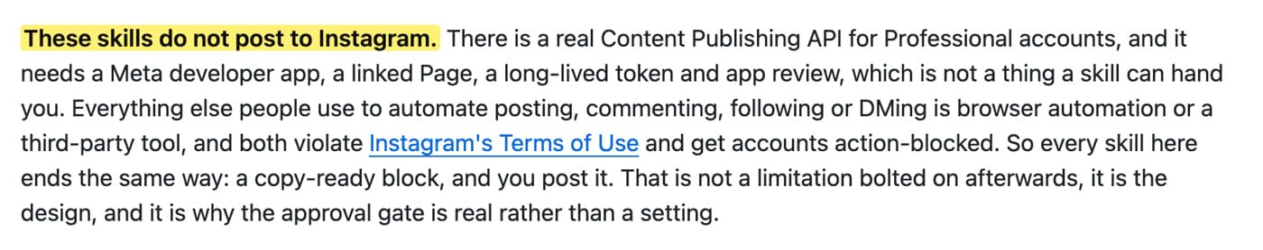 README 但書：These skills do not post to Instagram