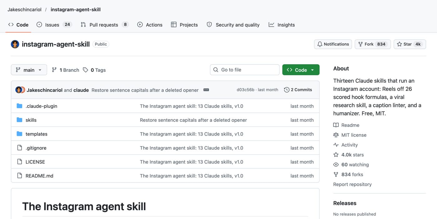 GitHub 專案頁：instagram-agent-skill，Issues 24、Pull requests 8、MIT license、約 4.0k stars、834 forks