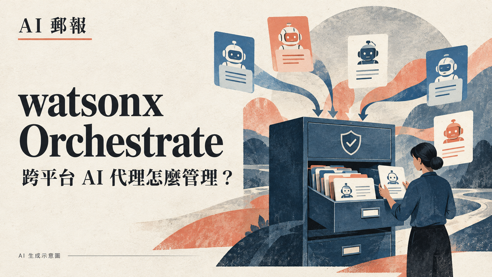 IBM watsonx Orchestrate 擴展 AI 代理管理:跨平台盤點、權限與測試怎麼做?,AI 郵報 AI 生成主題示意封面