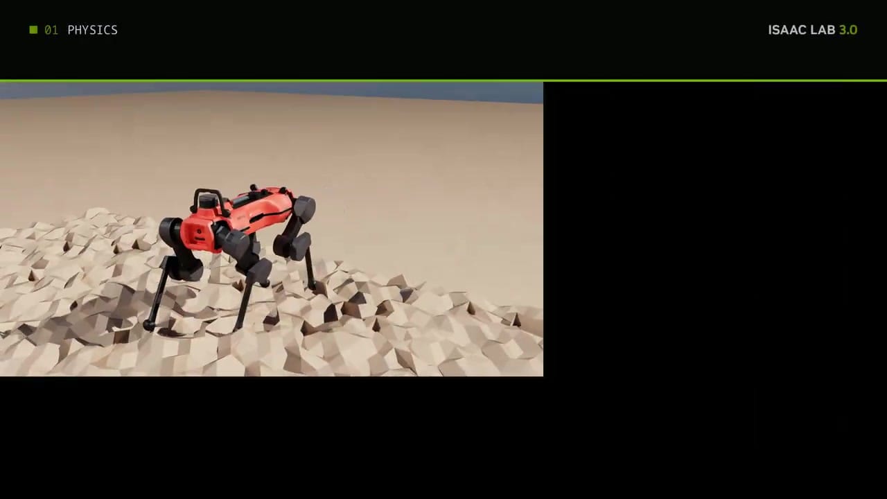 NVIDIA Isaac Lab 3.0官方影片中的四足機器人地形模擬畫面