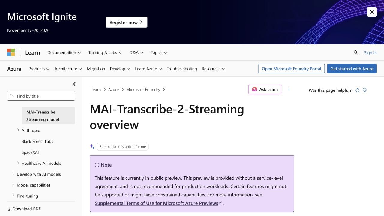 Microsoft Learn 官方文件標示公開預覽與服務限制。