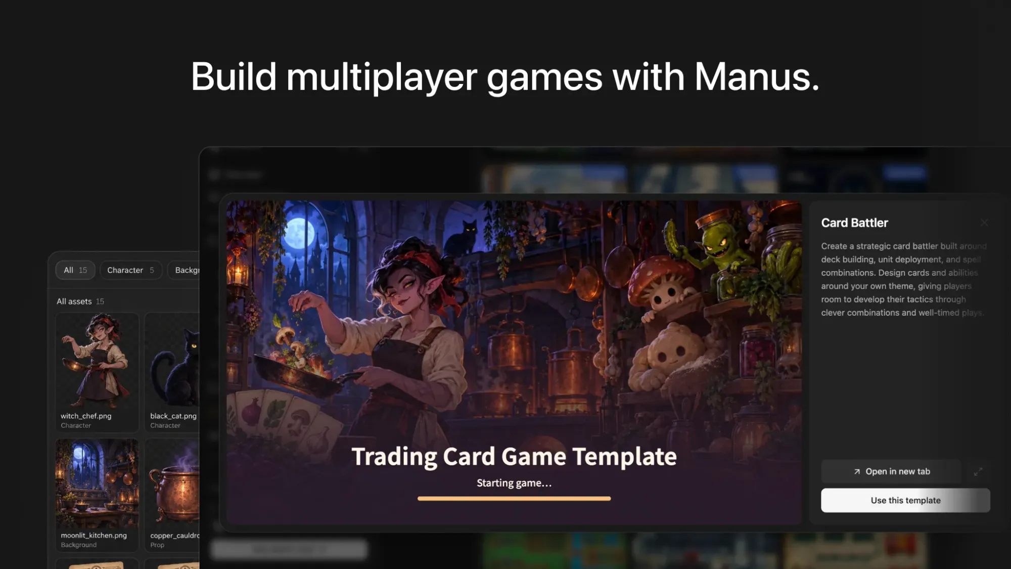 Manus Game Dev 官方卡牌遊戲模板與素材管理介面，非阿嬤遊戲畫面
