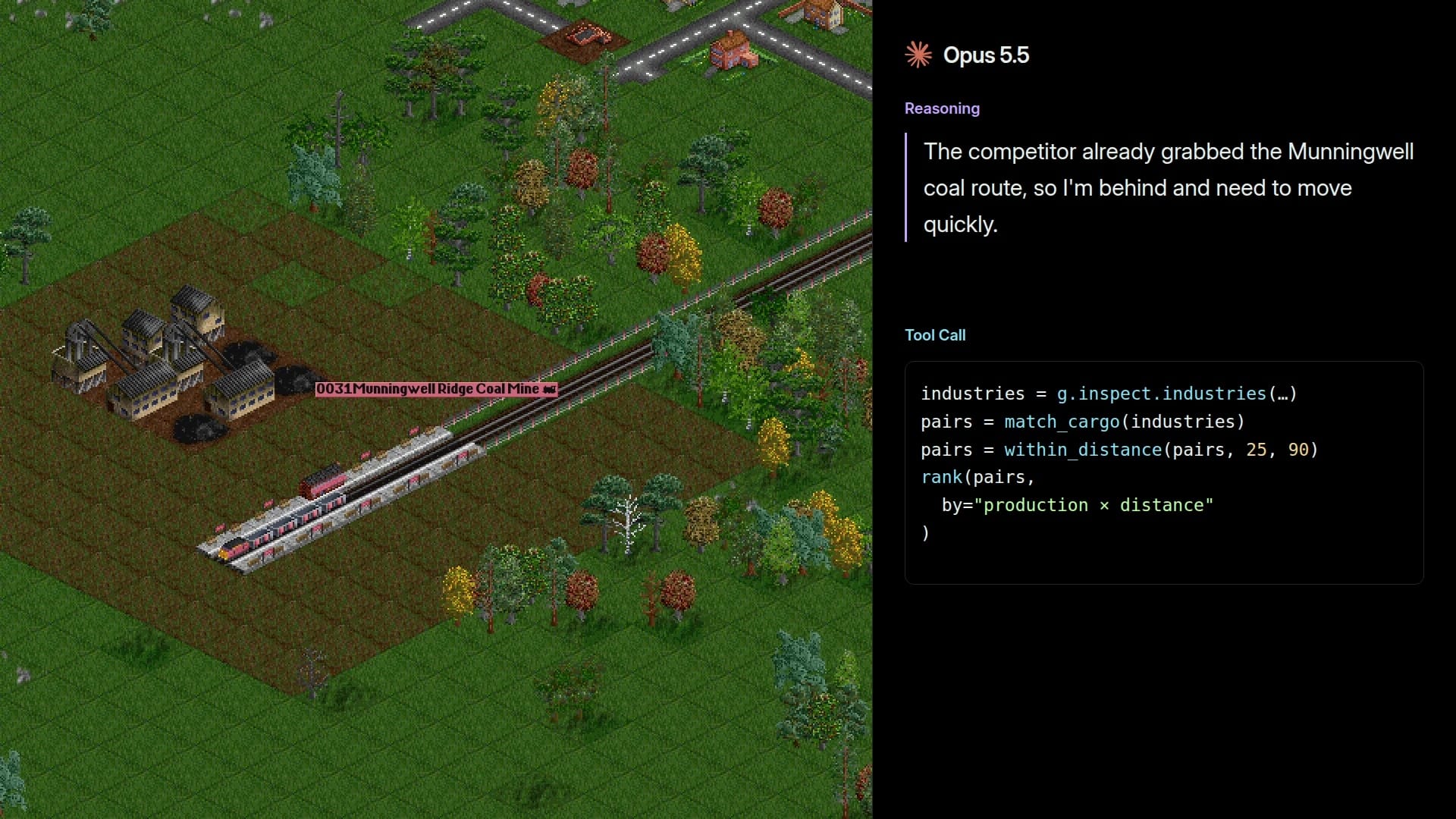 OpenTTD-Bench官方示意圖並列煤礦鐵路遊戲畫面與Opus5.5推理及工具呼叫