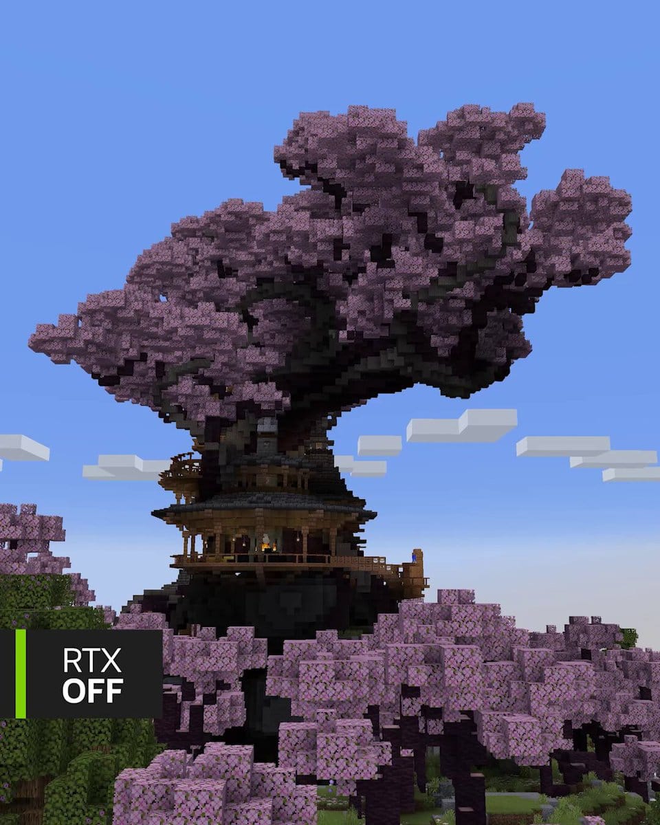 NVIDIA RTX Remix 官方 Minecraft 對照影片中的 RTX 關閉場景，粉色方塊樹與木屋