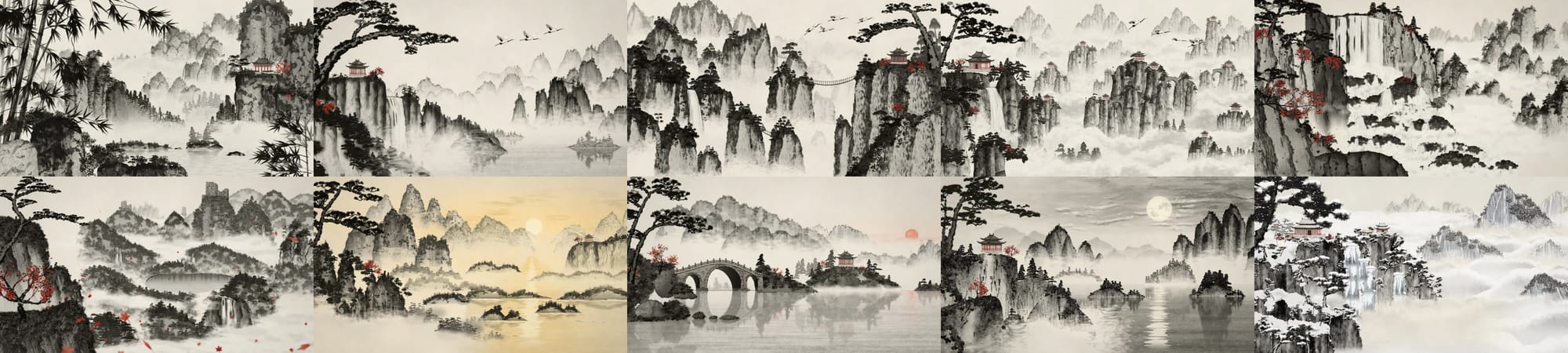 Shanshui 十幅程式繪製的水墨山水畫面並排,包含竹林、瀑布、石橋、明月與雪中寺廟