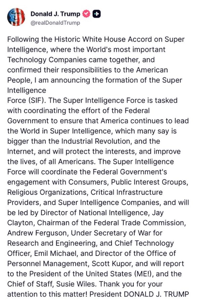 白宮官方帳號公布川普成立 Super Intelligence Force 的完整聲明，列出協調對象、成員與報告關係