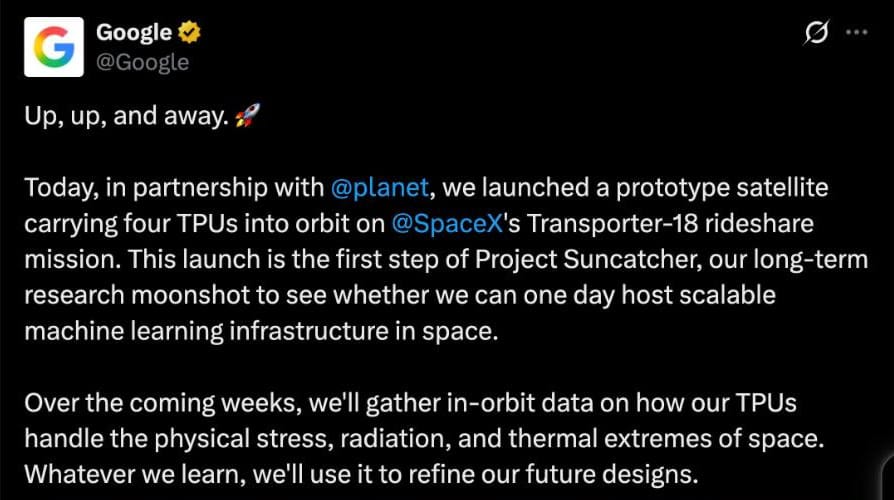 Google 的 X 發射貼文:與 Planet 合作,載四顆 TPU,搭 SpaceX Transporter-18
