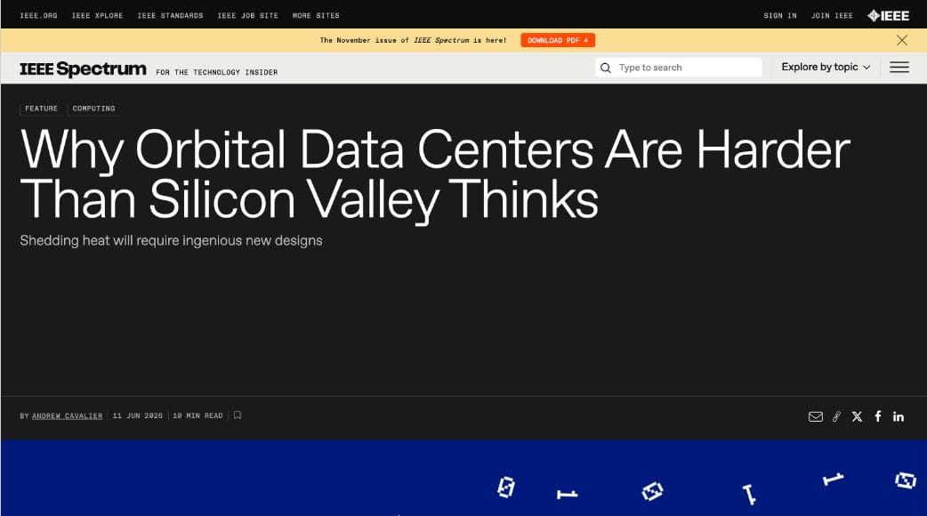 IEEE Spectrum 文章頁首:Why Orbital Data Centers Are Harder Than Silicon Valley Thinks
