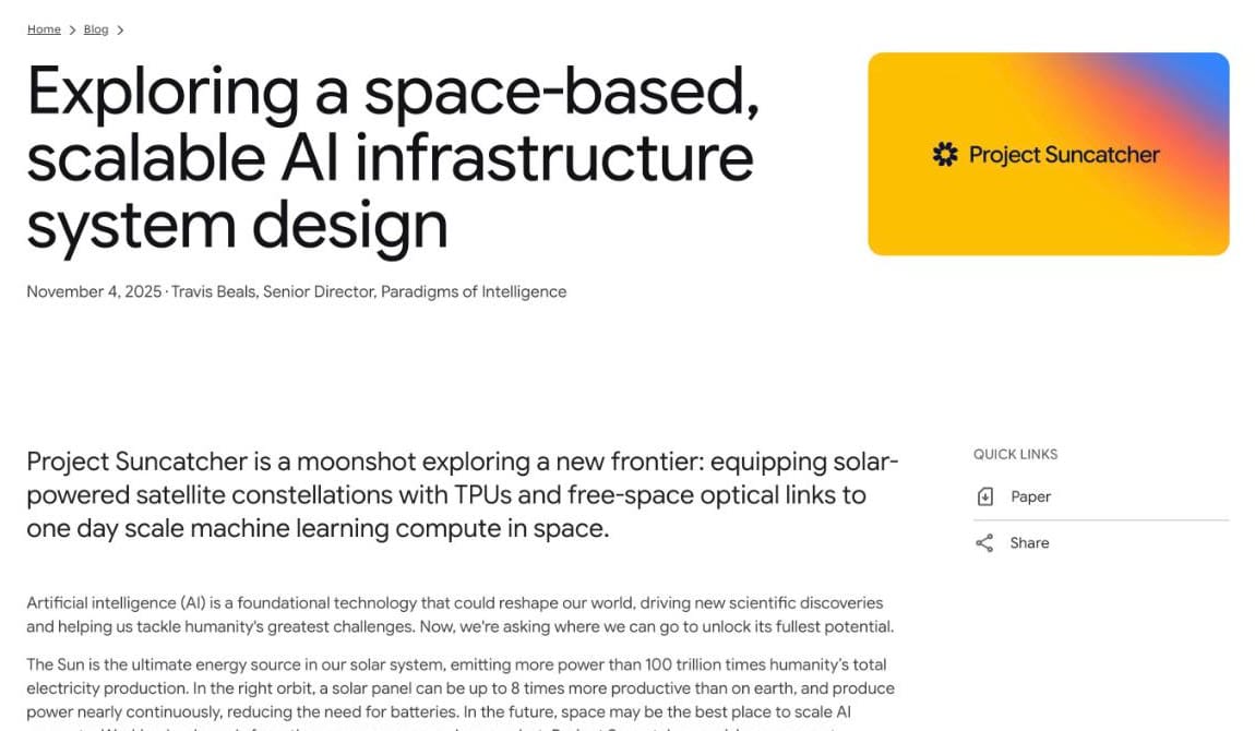 Google Research 研究文章頁首:Exploring a space-based, scalable AI infrastructure system design