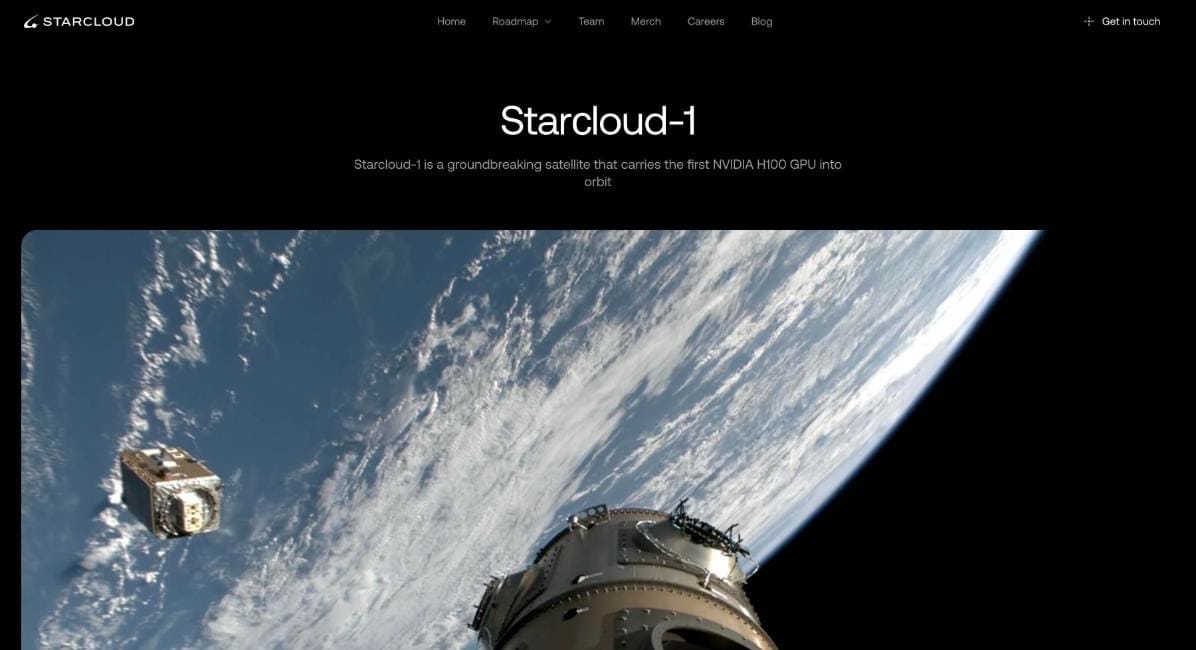 Starcloud 官網的 Starcloud-1 頁面頁首:第一顆把 NVIDIA H100 送上軌道的衛星