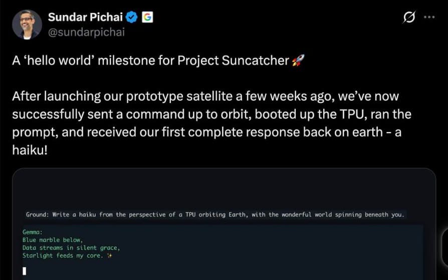 Sundar Pichai 的 X 貼文與貼文影片第一格:給衛星的提示與 Gemma 的回應