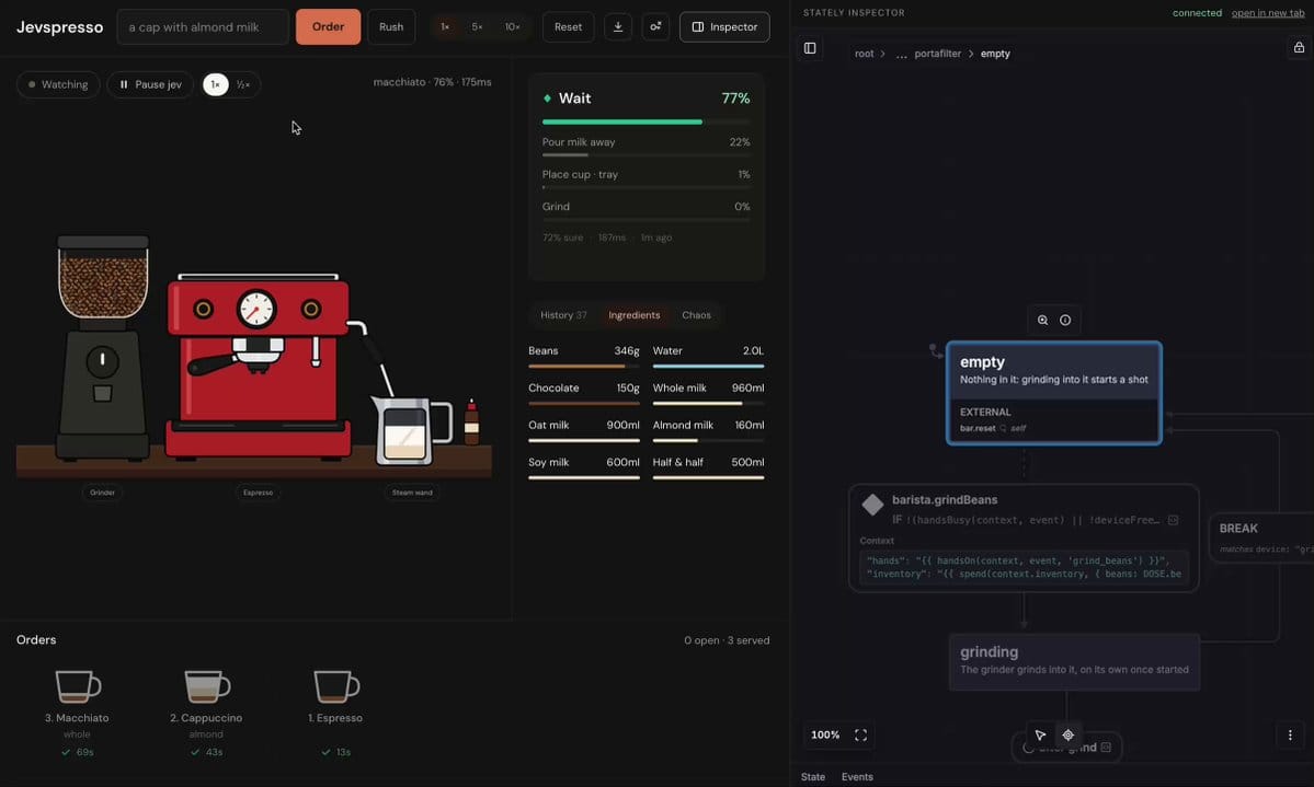 Jevspresso 原作者示範畫面,呈現 AI 決策與狀態機互動。
