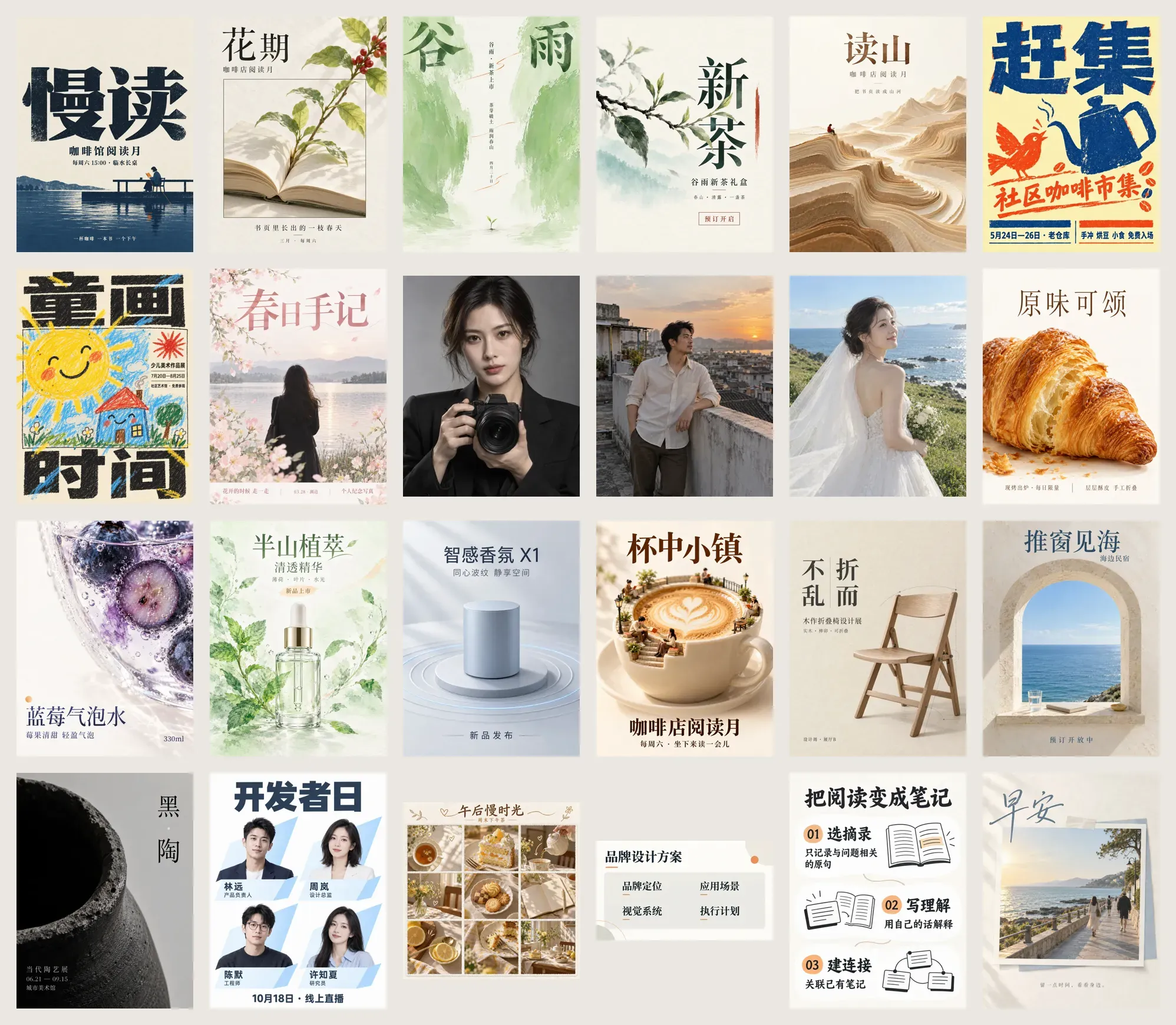 作者展示的 24 類模板樣例;活動與品牌皆為虛構的 AI 生成示例。
