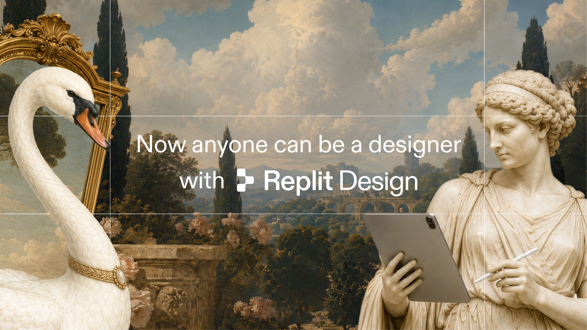 Replit Design 官方主視覺，古典雕像拿著平板，介紹 AI 設計工具
