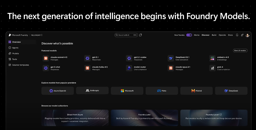 Microsoft Foundry 顯示 Azure OpenAI、Anthropic、Microsoft、Meta、Mistral 等多家模型來源