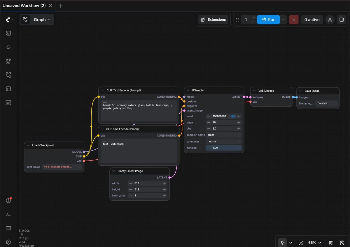 ComfyUI 官方文字生成圖片工作流，包含模型、Prompt、KSampler、VAE Decode 與 Save Image 節點