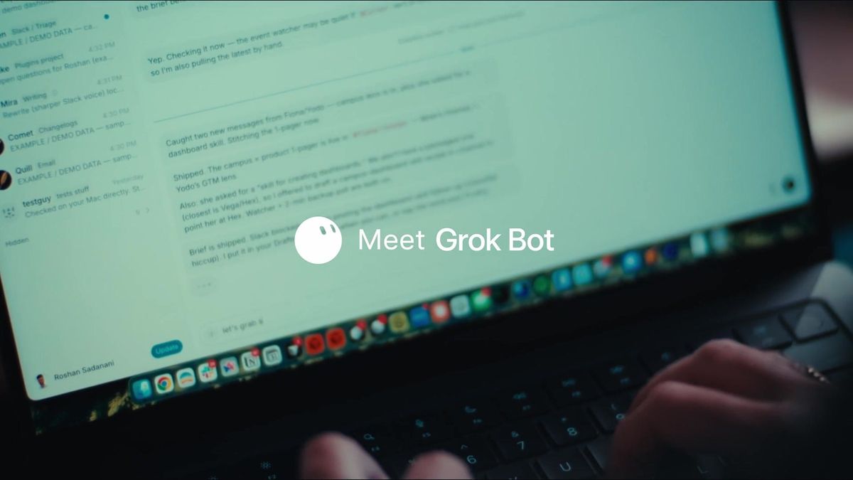 Grok Bot 官方發布影片中的 Meet Grok Bot 主視覺與電腦操作畫面
