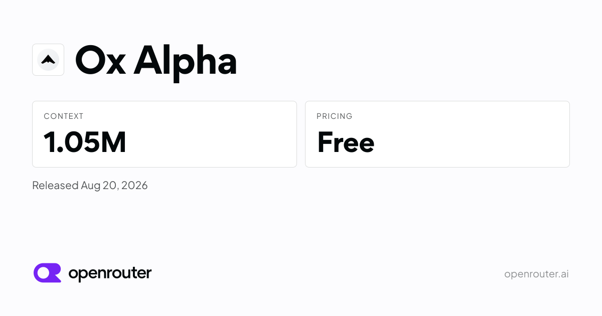 OpenRouter Ox Alpha 模型頁主視覺，標示 1.05M Context、免費與 2026 年 8 月 20 日發布