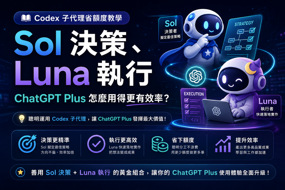 Codex 子代理省額度教學：Sol 決策、Luna 執行，ChatGPT Plus 怎麼用得更有效率？