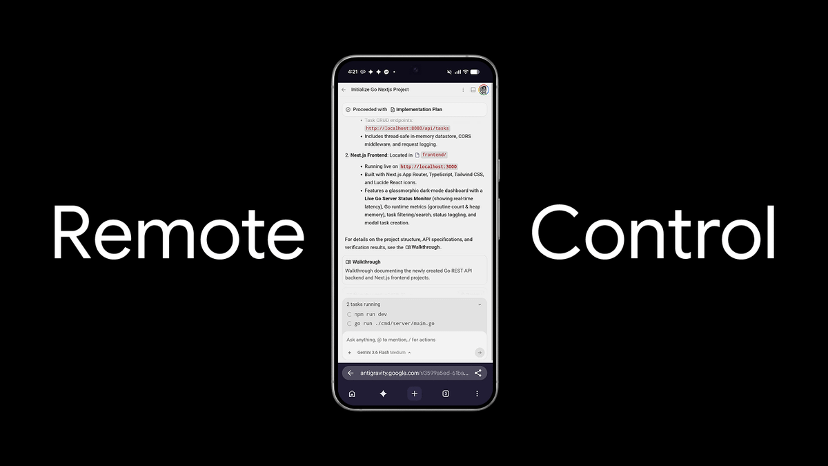 Google Antigravity Remote Control 官方封面，顯示手機遠端操作 Agent