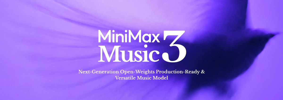 紫色背景上的 MiniMax Music 3 開放權重音樂生成模型主視覺