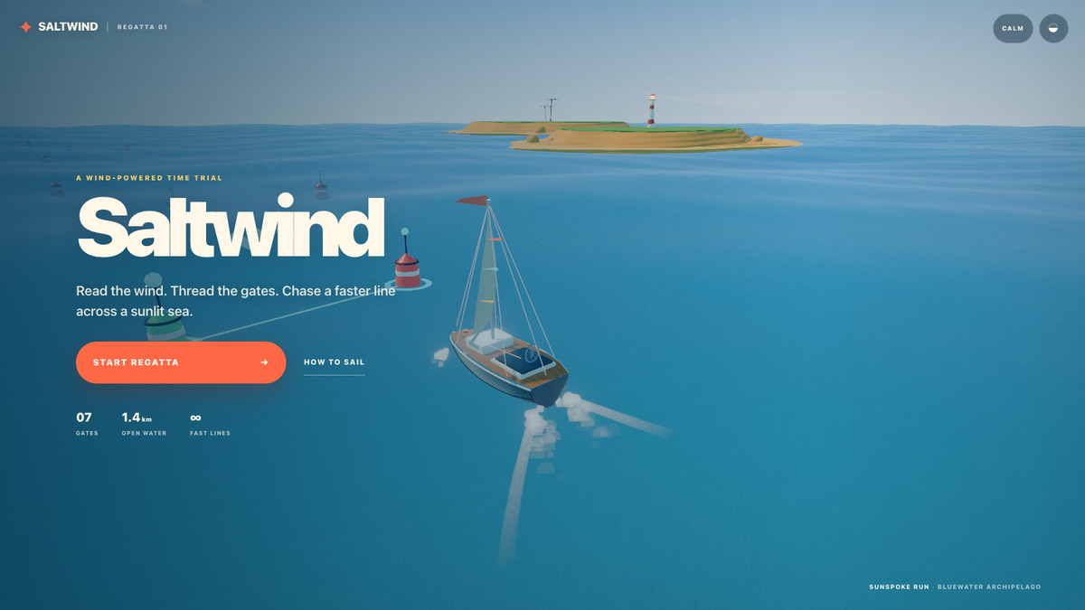OpenAI GPT-5.6 官方展示的 Saltwind 互動帆船網站桌機版首頁