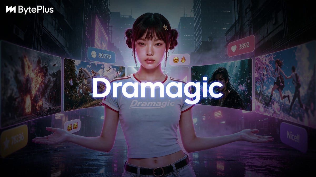 BytePlus Dramagic 官方影片主視覺，中央為虛擬角色與 Dramagic 標誌