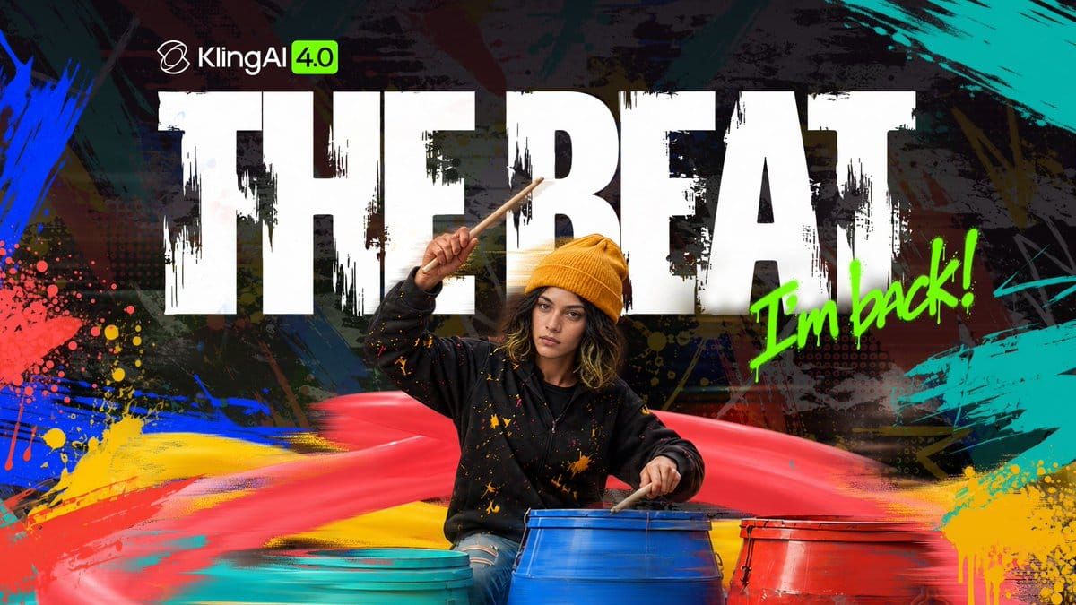 Kling AI 4.0 官方短片 THE BEAT 海報，一名鼓手坐在彩色鼓桶前