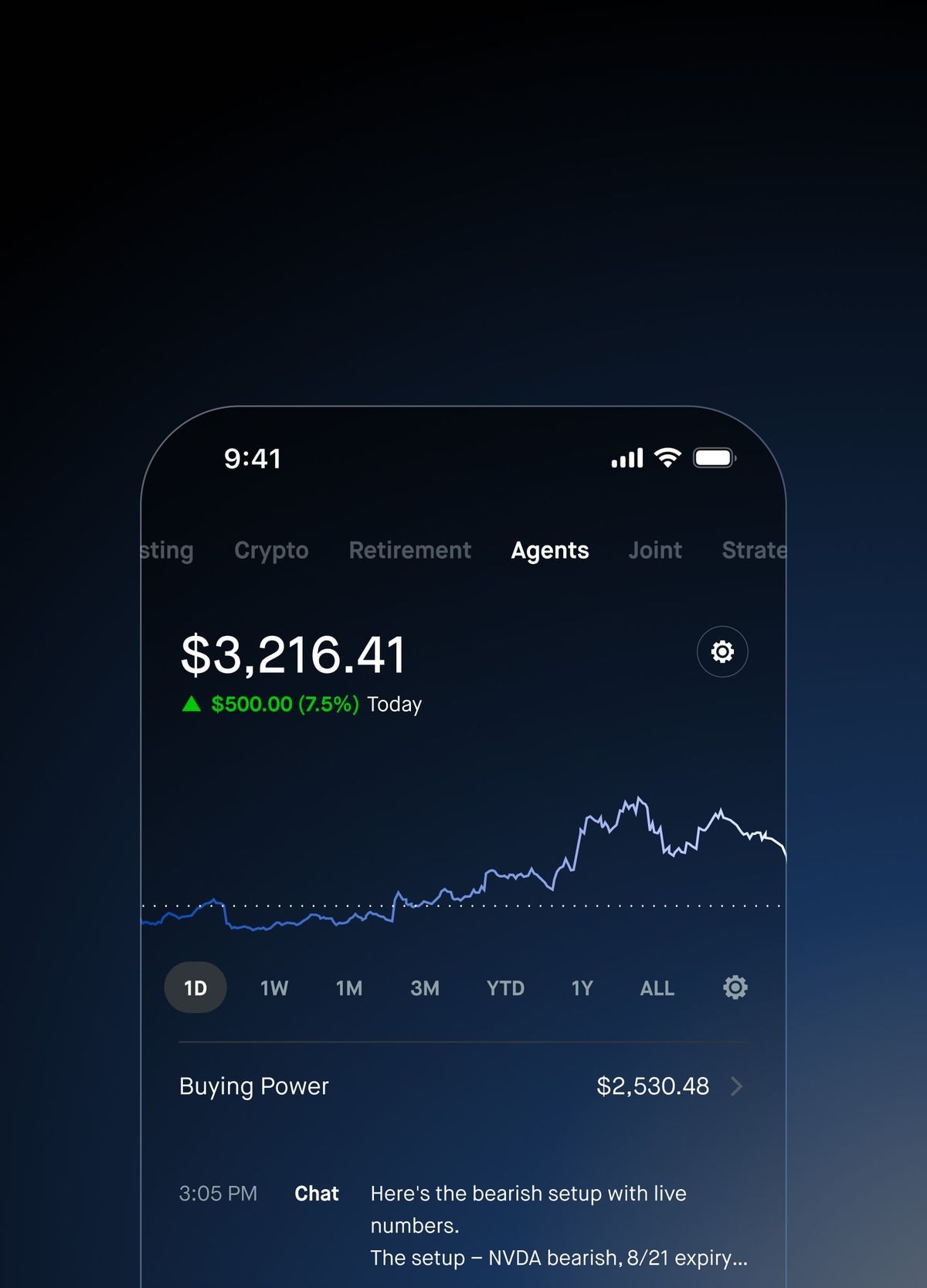 Robinhood 官方 Agents 專用帳戶示意，畫面包含帳戶金額與活動紀錄。