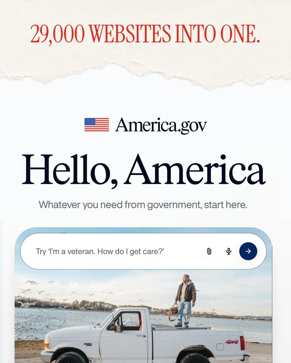 白宮官方 America.gov 宣傳圖，呈現統一入口與自然語言提問示意。