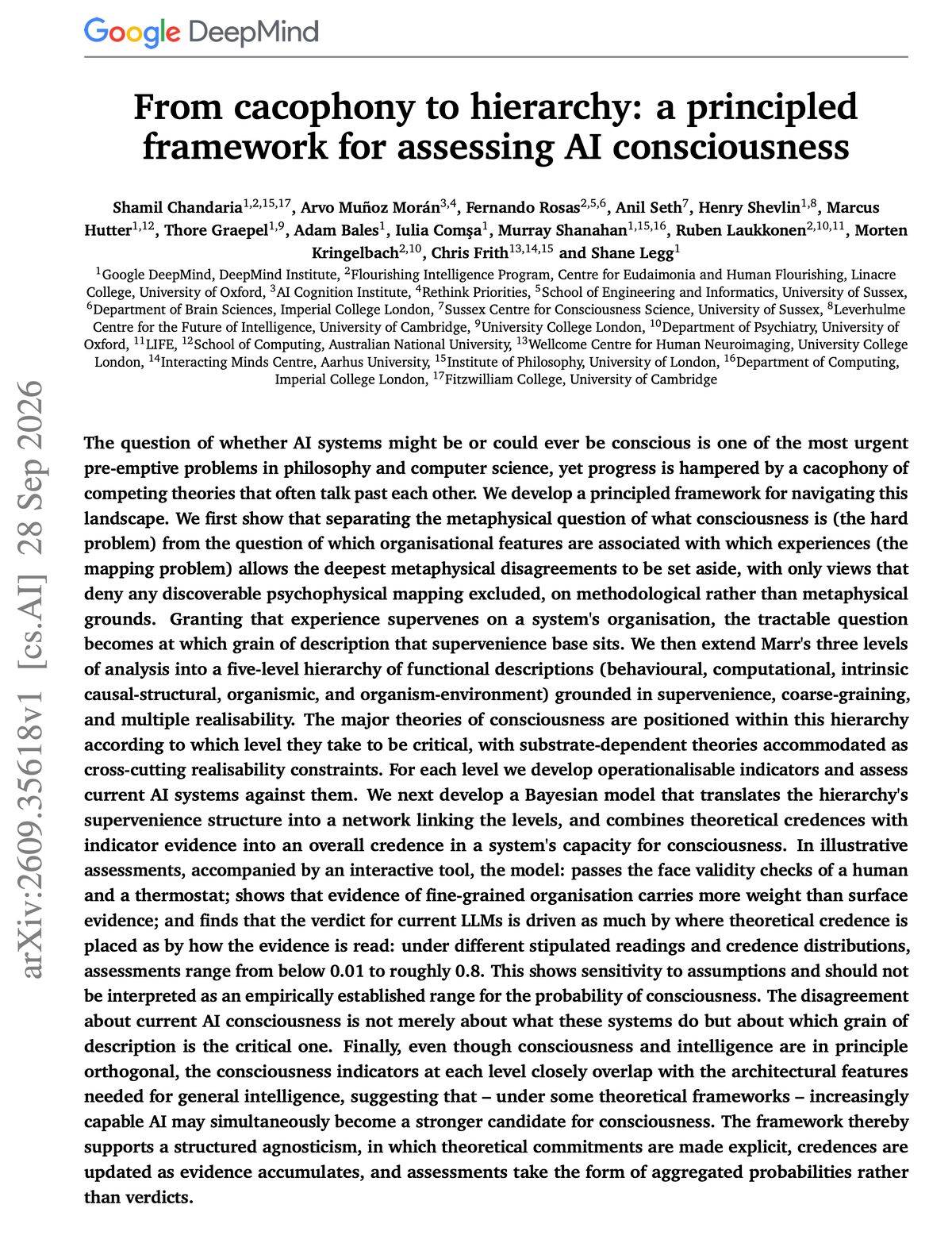論文作者公佈的 AI 意識五層評估框架圖。