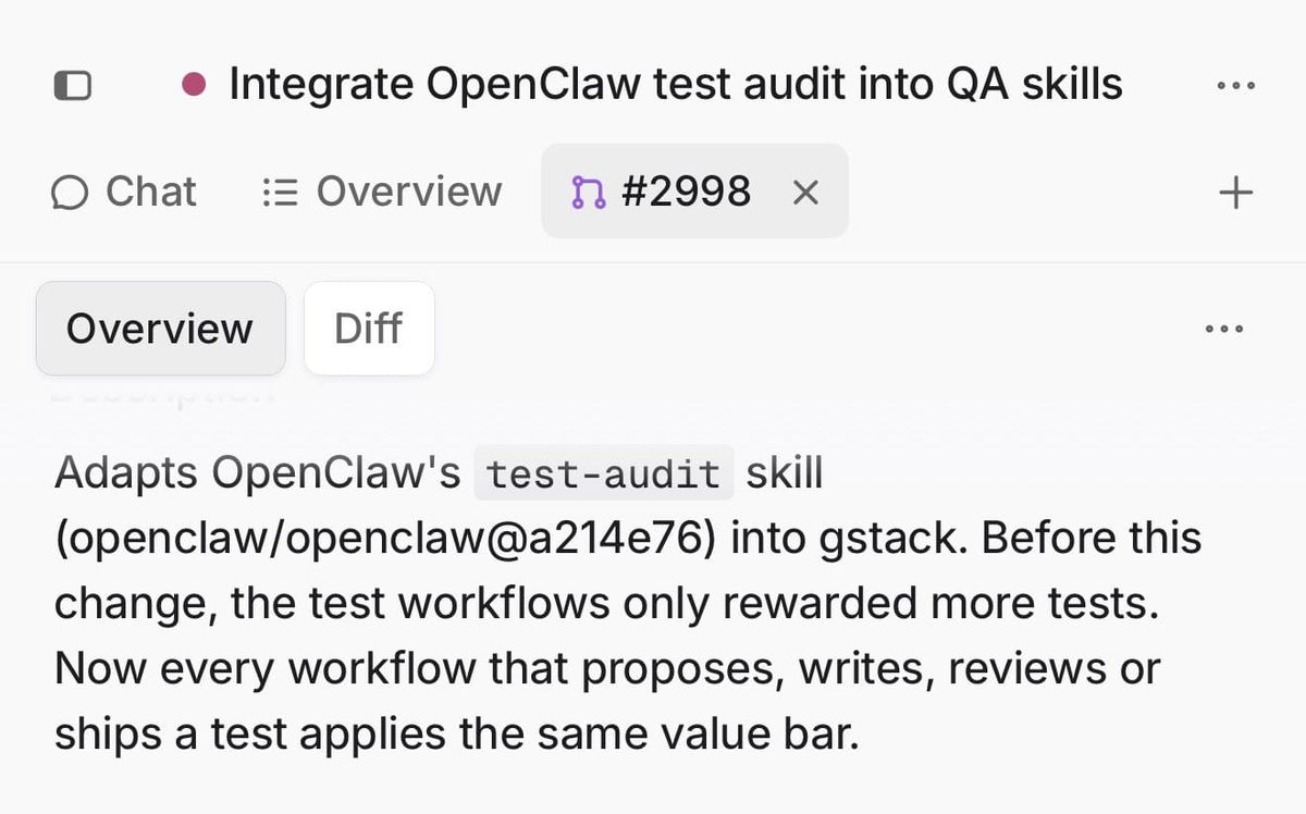 Garry Tan 分享 GStack 整合 OpenClaw test-audit 的變更畫面。