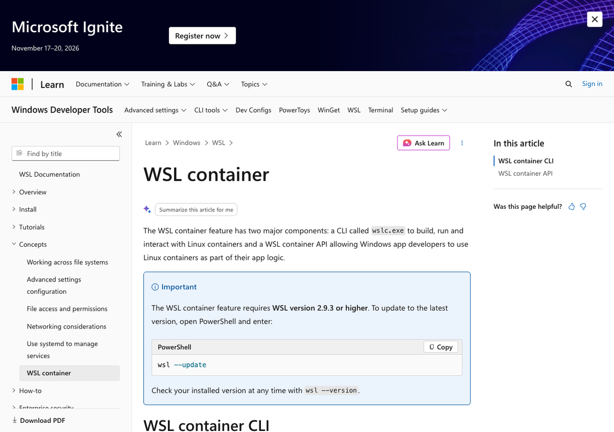 Microsoft Learn 官方 WSL container 文件截圖，顯示版本與工具說明。
