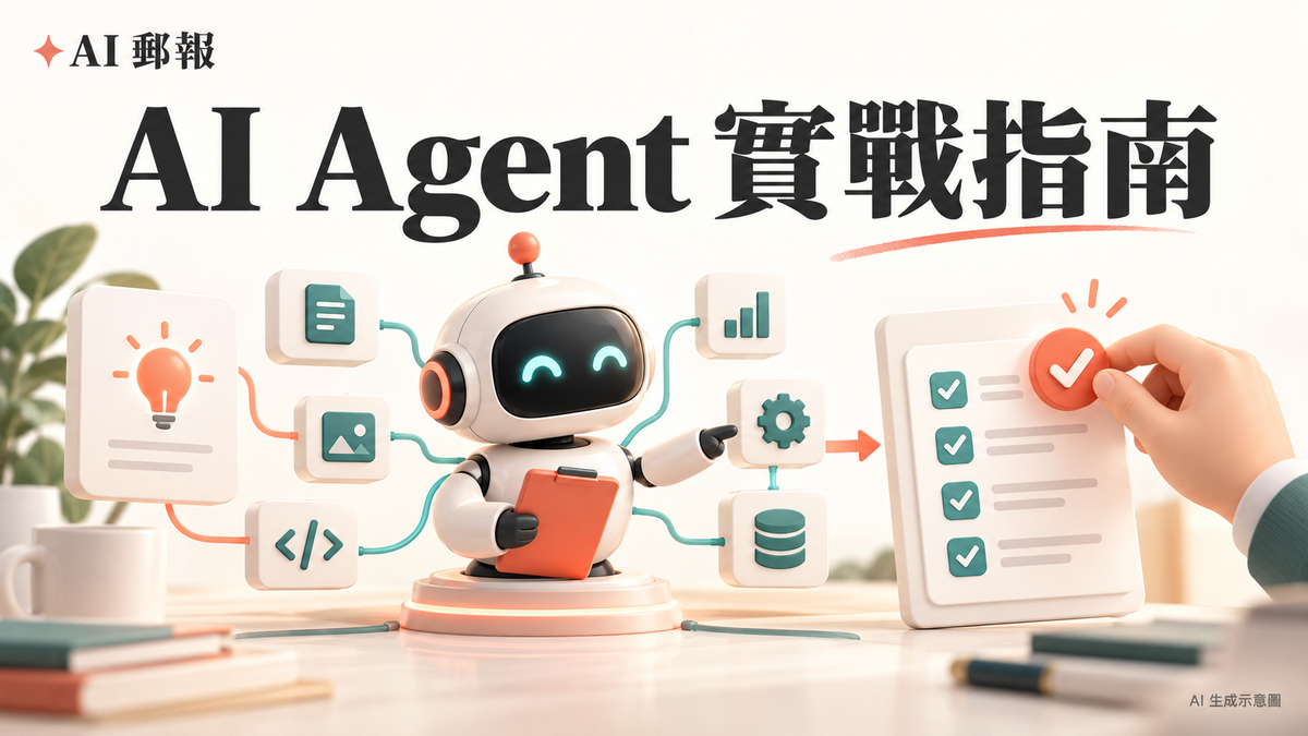 AI Agent 實戰指南封面：代理協作、任務清單與工具流程的 AI 生成示意圖