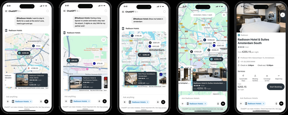 Accenture 官方 Radisson Hotels ChatGPT 應用對話與地圖產品畫面
