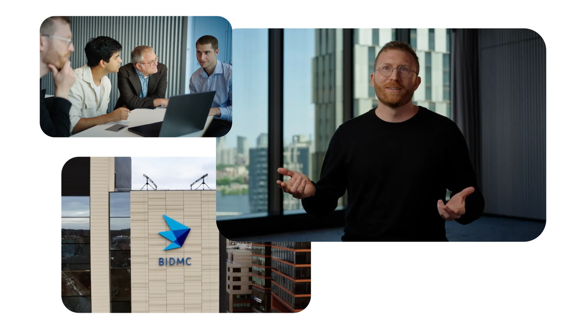 Google AMIE 研究官方拼貼，包含研究者討論、BIDMC 建築與影片受訪者