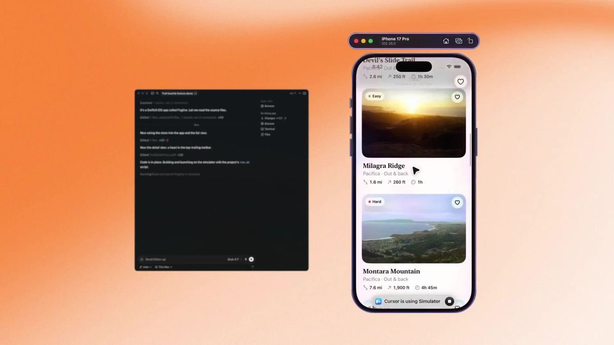 Cursor 官方影片截格，代理在 iPhone 模擬器操作登山應用的收藏按鈕