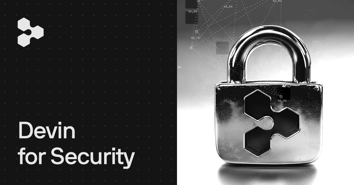 Devin for Security 官方主視覺，以 Cognition 標誌與金屬鎖象徵資安工作