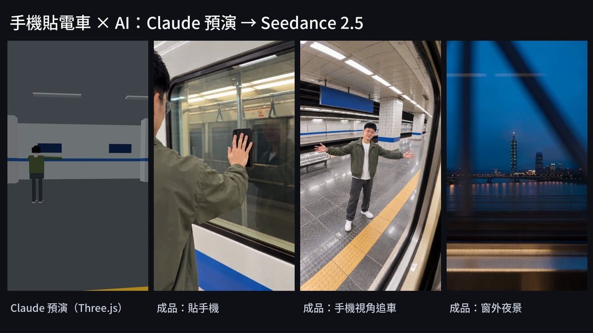 手機貼電車 AI 版：Claude 預演與 Seedance 2.5 成品的並排