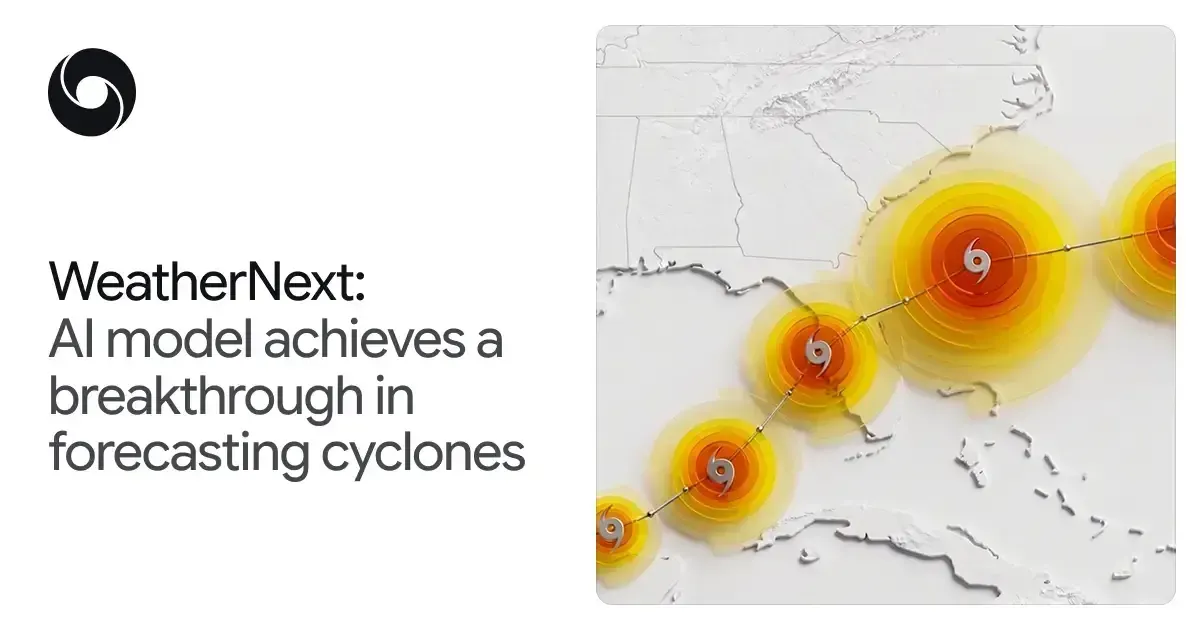 Google DeepMind WeatherNext Cyclones 官方研究示意；非 X 個別 Isaias 案例的實測圖。