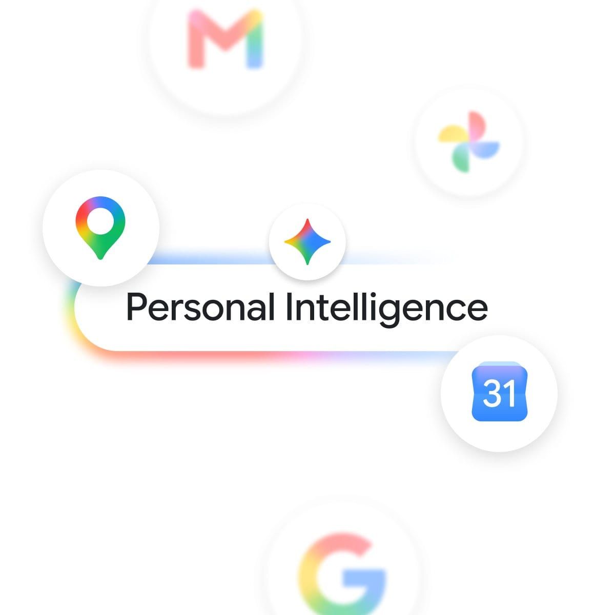 Gemini Personal Intelligence 官方畫面，中央文字周圍排列 Maps、Calendar、Gmail 與 Photos 圖示