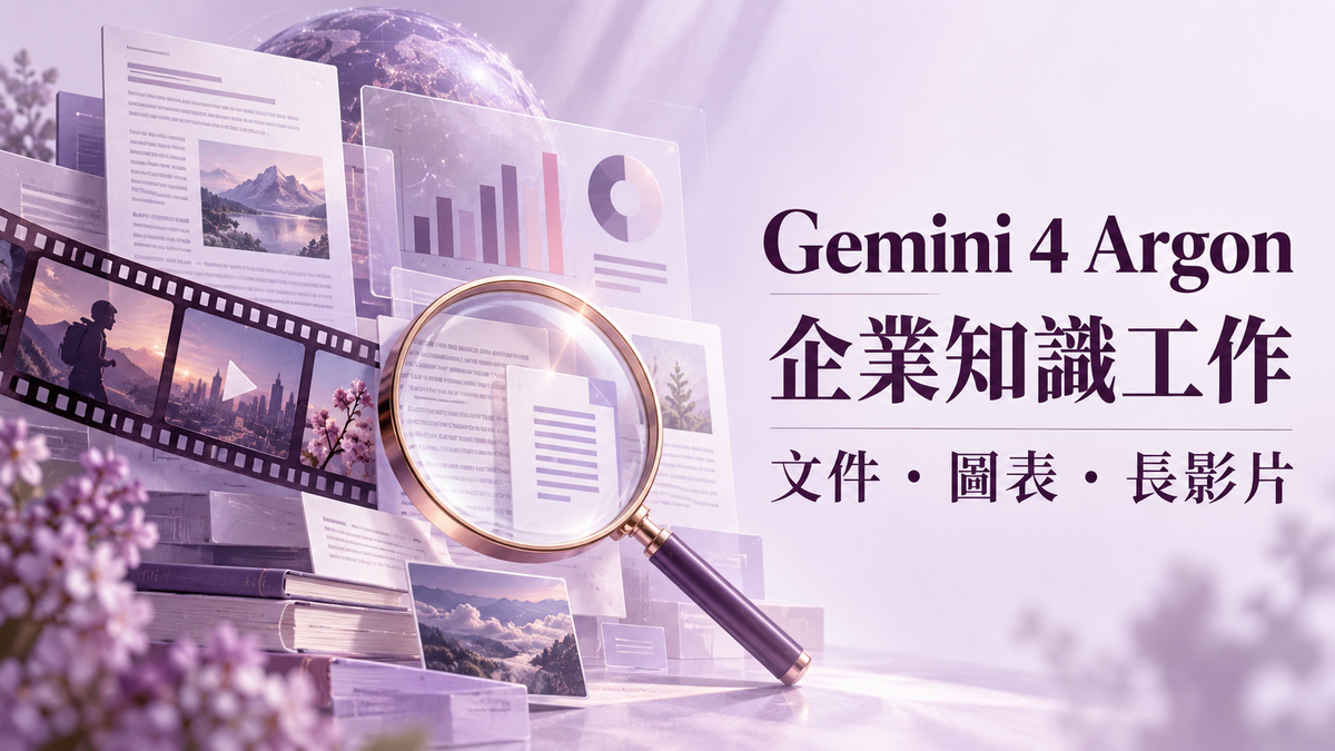 紫色文件、圖表、影片與放大鏡構圖，文字為企業知識工作。