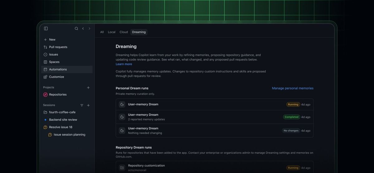 GitHub 官方 intelligence Dreaming 工作區與記憶管理畫面。