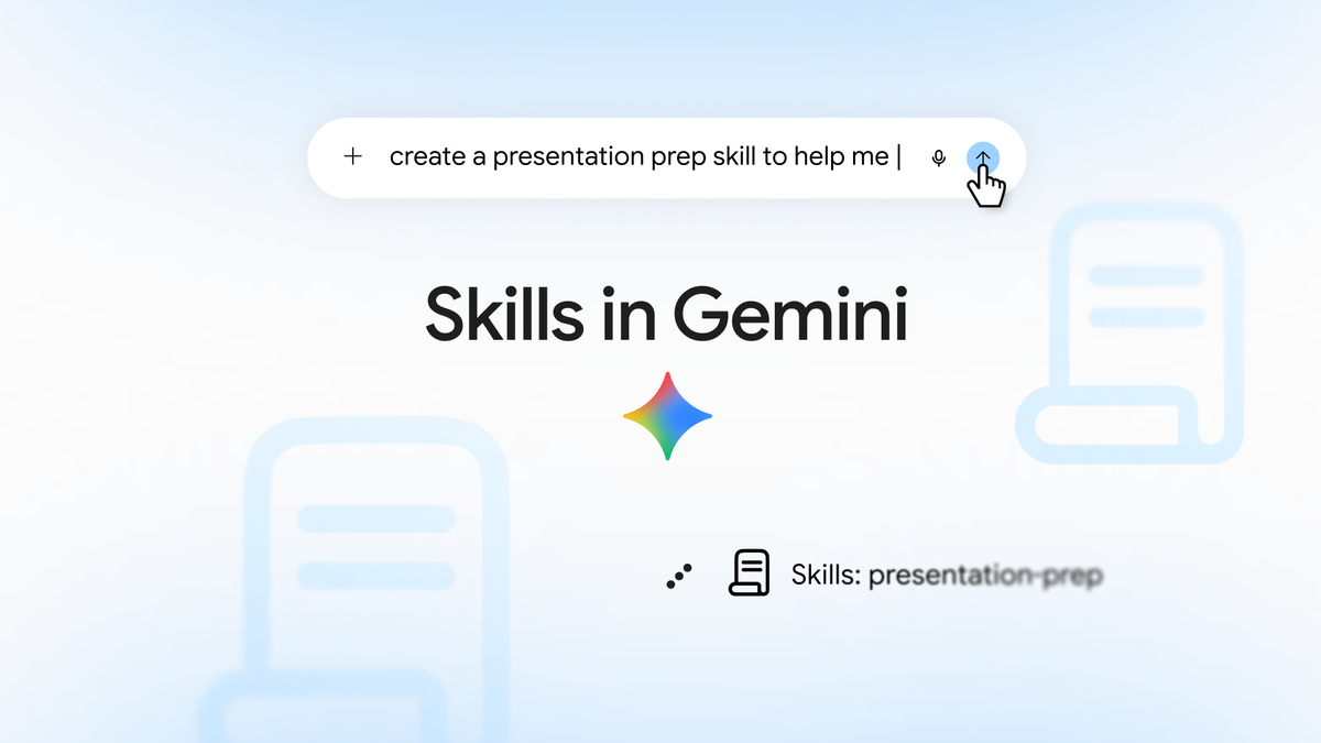 Google Gemini Skills 官方封面，呈現建立簡報準備技能的輸入框與 Gemini 標誌