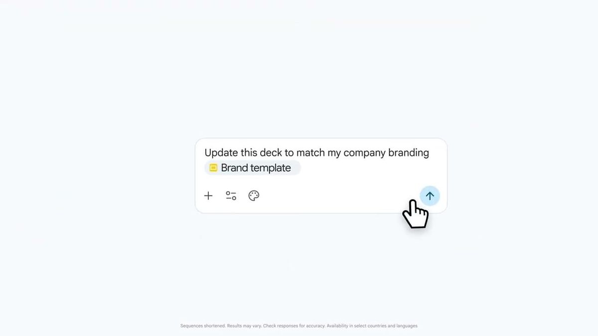 Google Slides 官方示範封面，Gemini 提示框要求依品牌範本更新整份簡報。