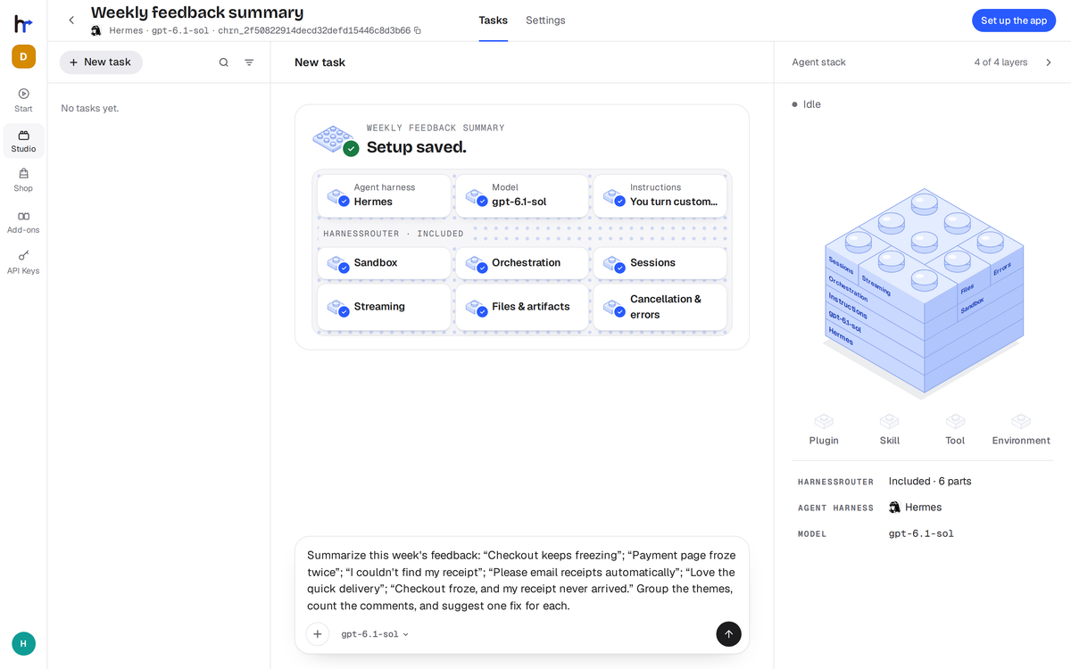 HarnessRouter 官方專案的代理設定與範例工作畫面