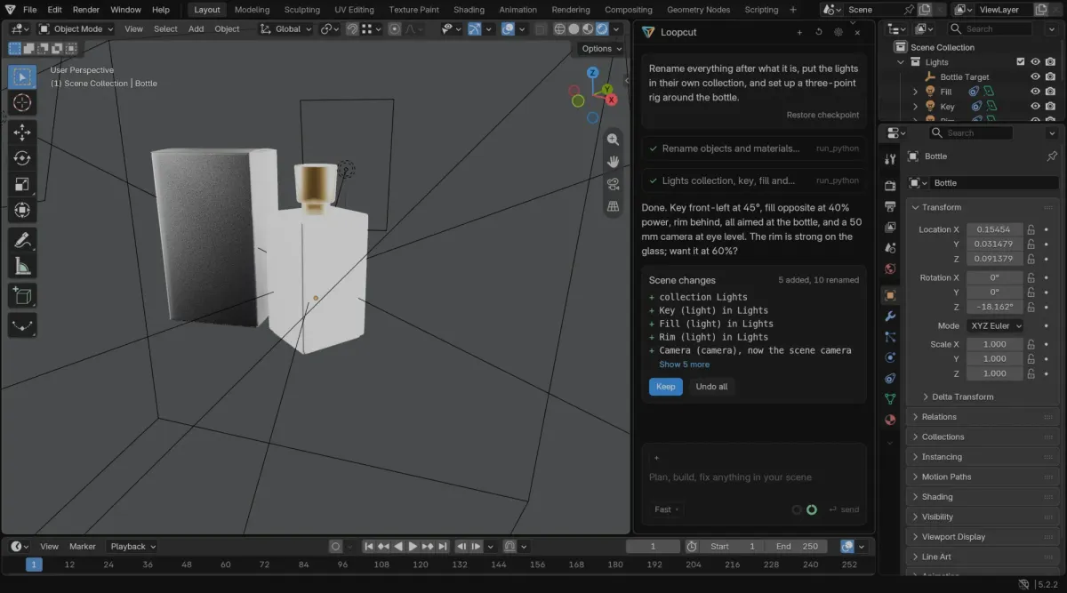 Loopcut 面板位於 Blender 視窗右側，列出三點打光的執行步驟與場景變更清單