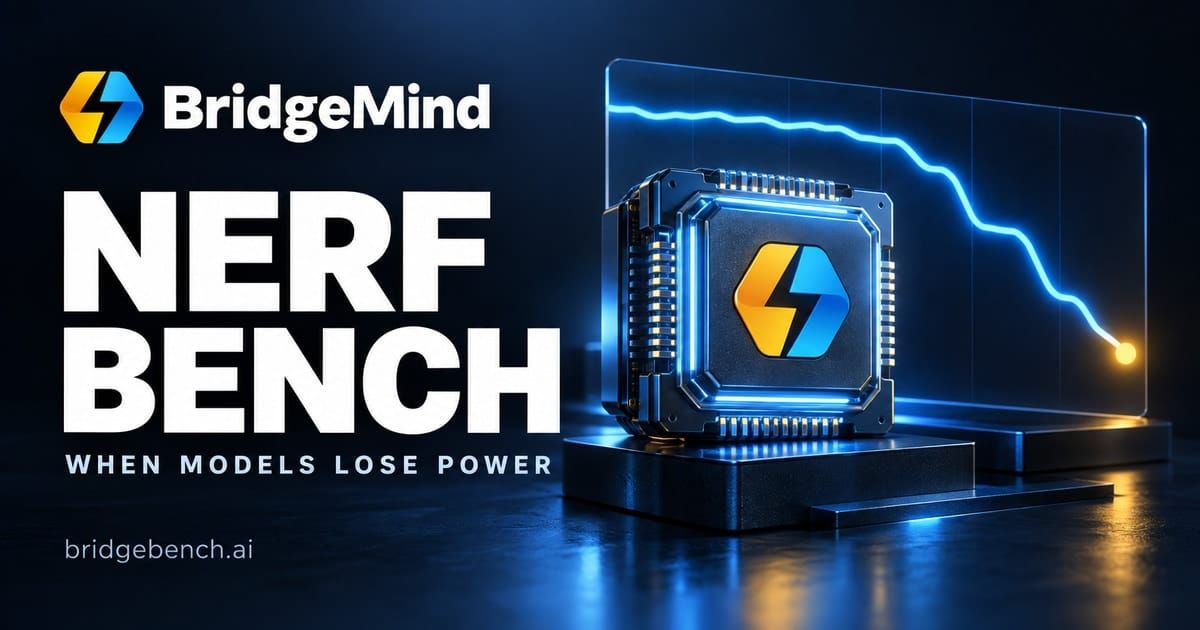 BridgeBench Nerf Bench 官方方法頁的標題插圖，藍色處理器旁有一條下降的示意曲線
