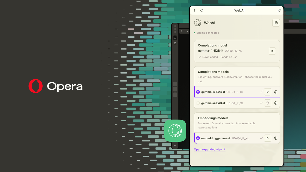 Opera 官方 WebAI 發布主視覺與瀏覽器助理介面。